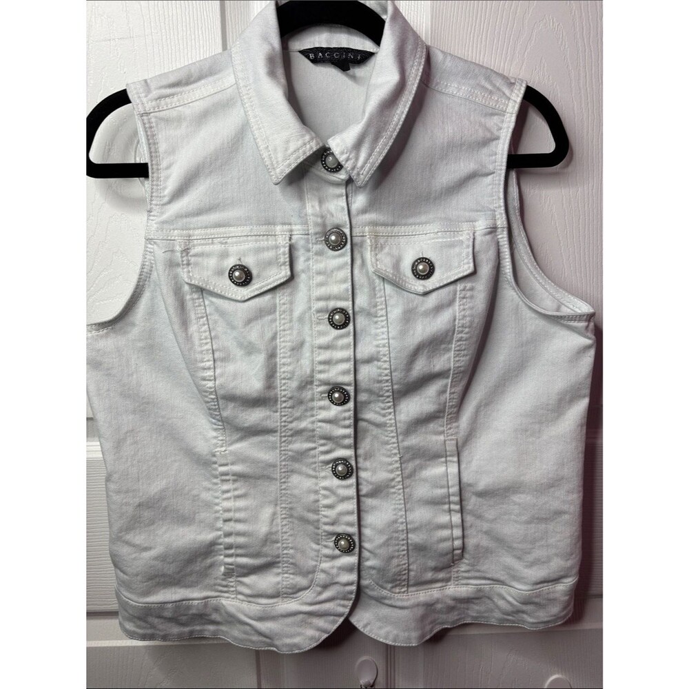 Baccini White Denim Vest Sleeveless Jean Jacket Metal Buttons